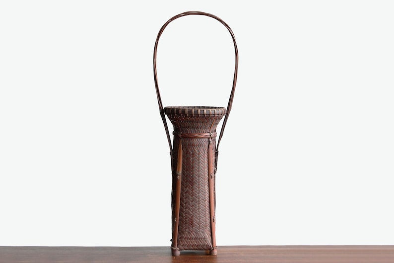Japanese Handmade Bamboo Flower Basket – Hanaire Vase with Inner Tube – 27.5 cm Tall