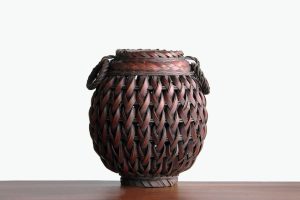 Japanese Handwoven Bamboo Flower Basket – Hanaire Vase, Vintage Decor – 22 cm Tall